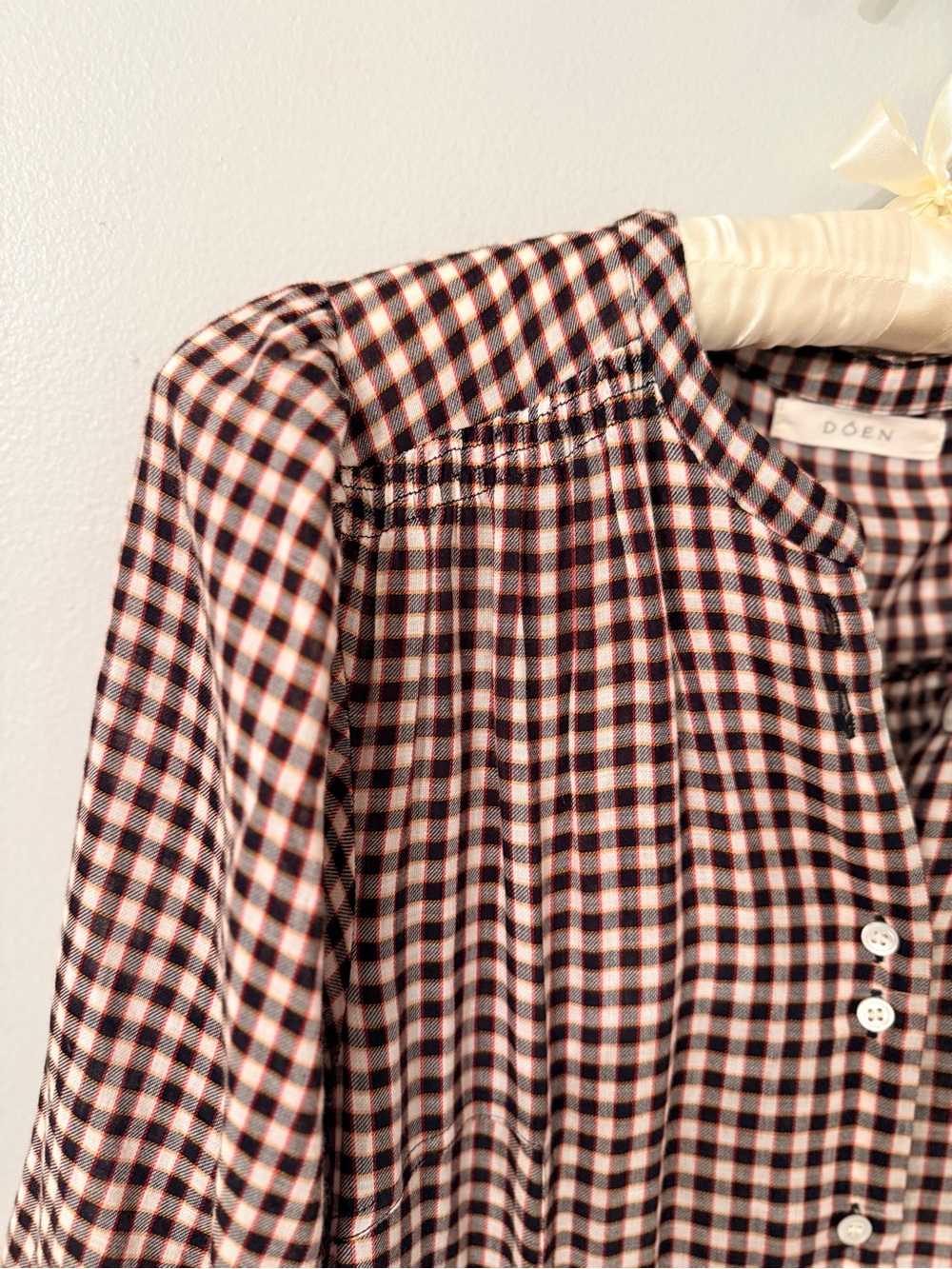 DÔEN Gingham Button Front Midi Dress Brown Cream Size L - Picture 4 of 9